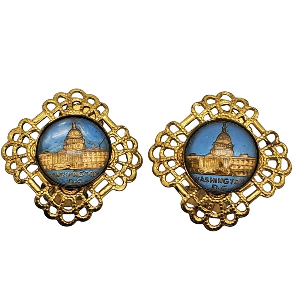 Washington DC Clip On Earrings Gold Toneโ Filigree Capitol Building Reverse Dome